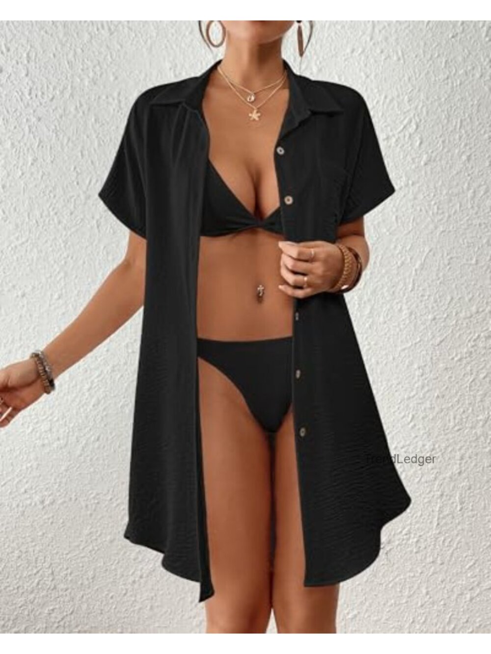 Short Sleeve Button Down Tie Beach Shirt Cover Up Dress - Picture 2 of 6